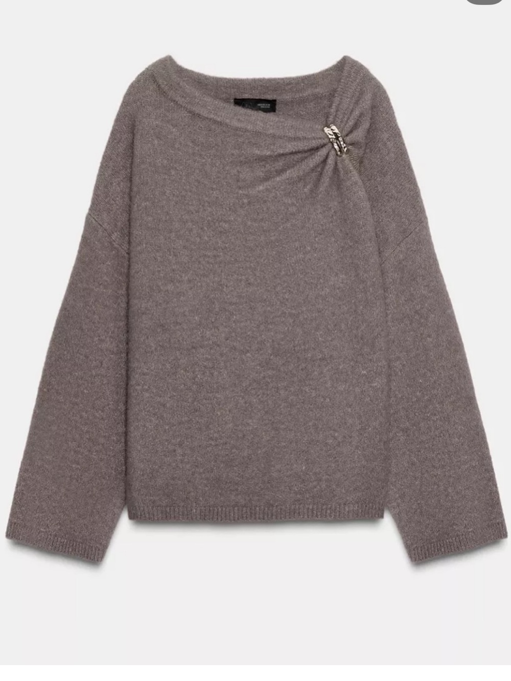 Zara NWT wool blend Taupe gold detail ruched off shoulder chunky Knit Sweater - Picture 3 of 6